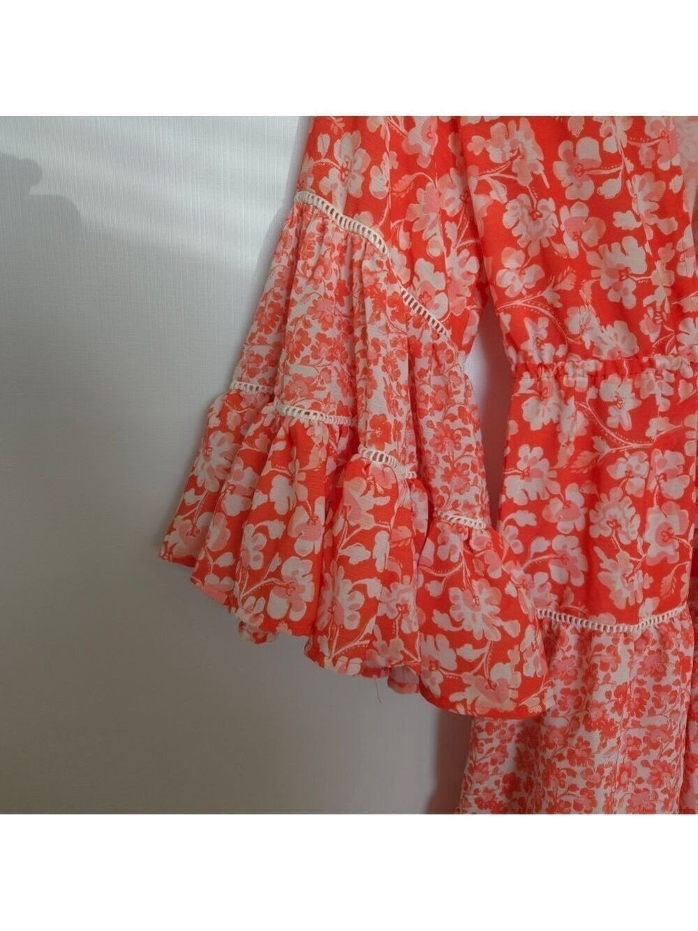 COSITA LINDA FULL WRAP DRESS BEACHWEAR ORANGE WHITE RUFFLES FLOWY BOHO SZ MEDIUM - Picture 7 of 15
